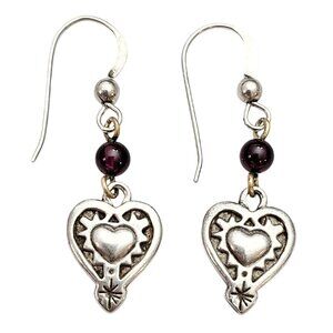 Sterling Silver Garnet Bead French Hook Earrings Heart Dangle C825